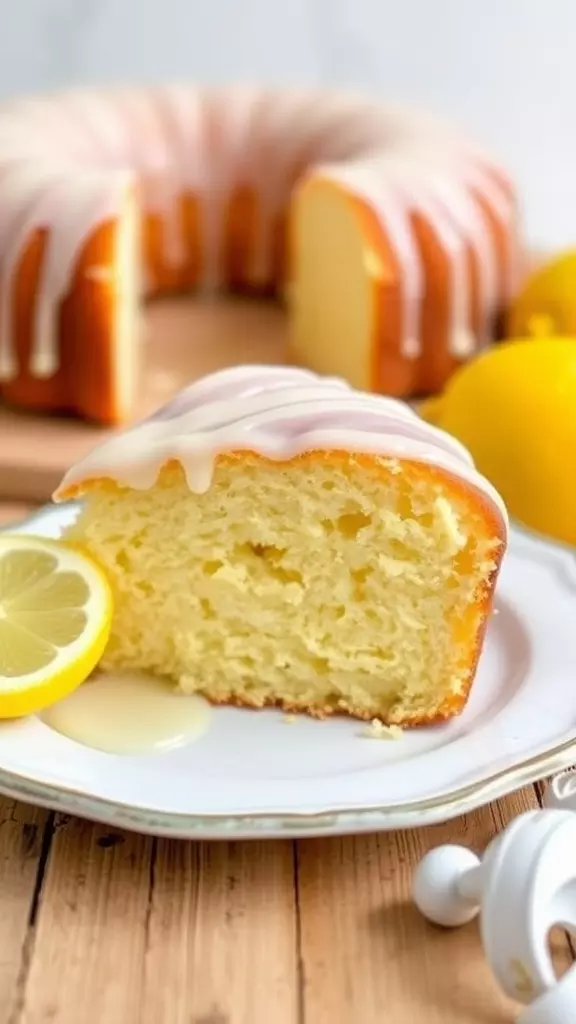 A slice of gluten-free lemon cake with a lemon slice and glaze on a plate.