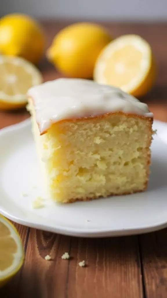 A slice of gluten-free lemon cake on a plate with whole lemons in the background.