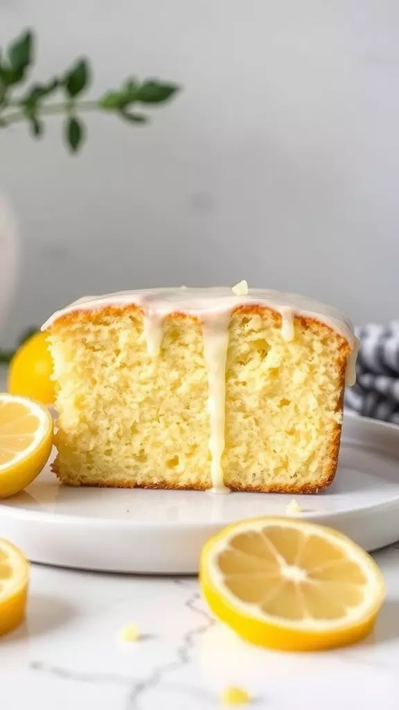 Gluten-free lemon cake with a slice cut out and fresh lemons on the side.