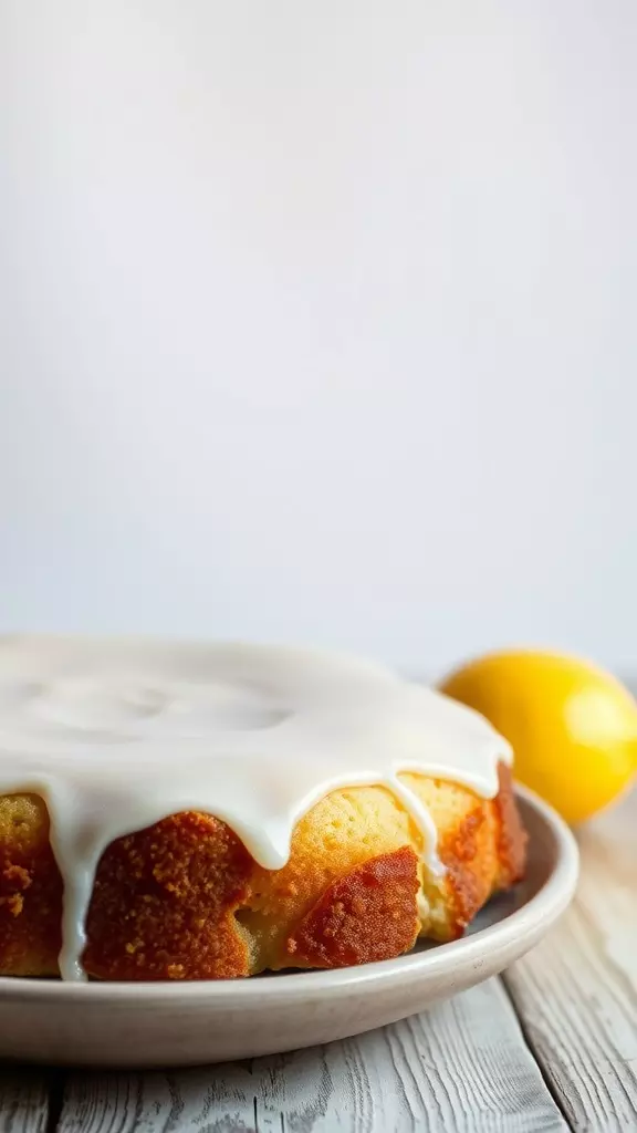 A delicious gluten-free lemon cake topped with white icing, with a fresh lemon beside it.