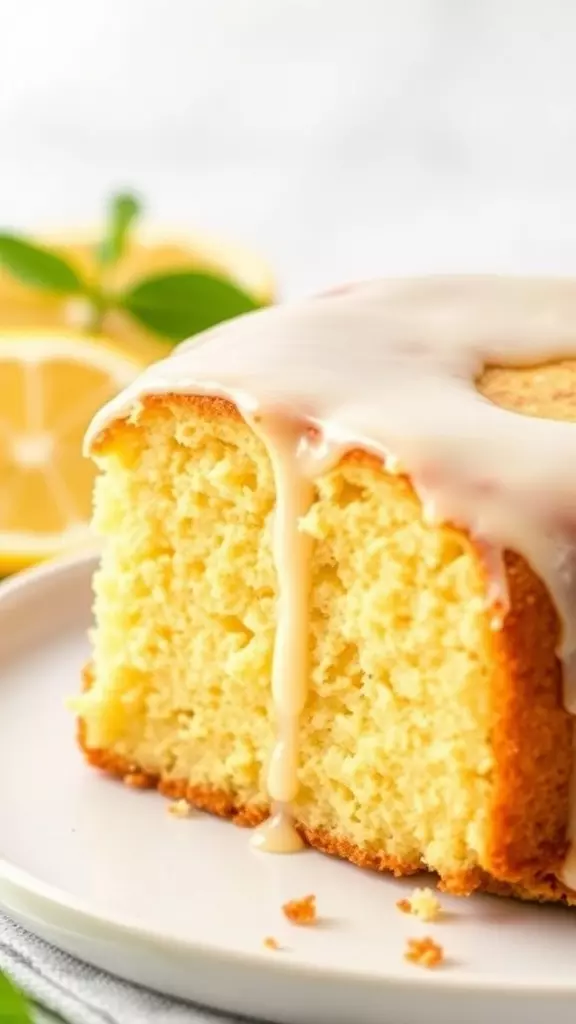 A slice of gluten-free lemon cake with a glaze, surrounded by fresh lemons.