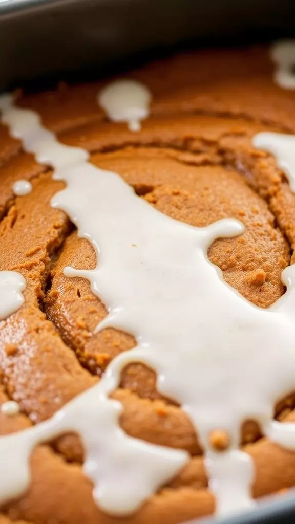 Close-up of a gluten-free pumpkin cake with a white glaze on top