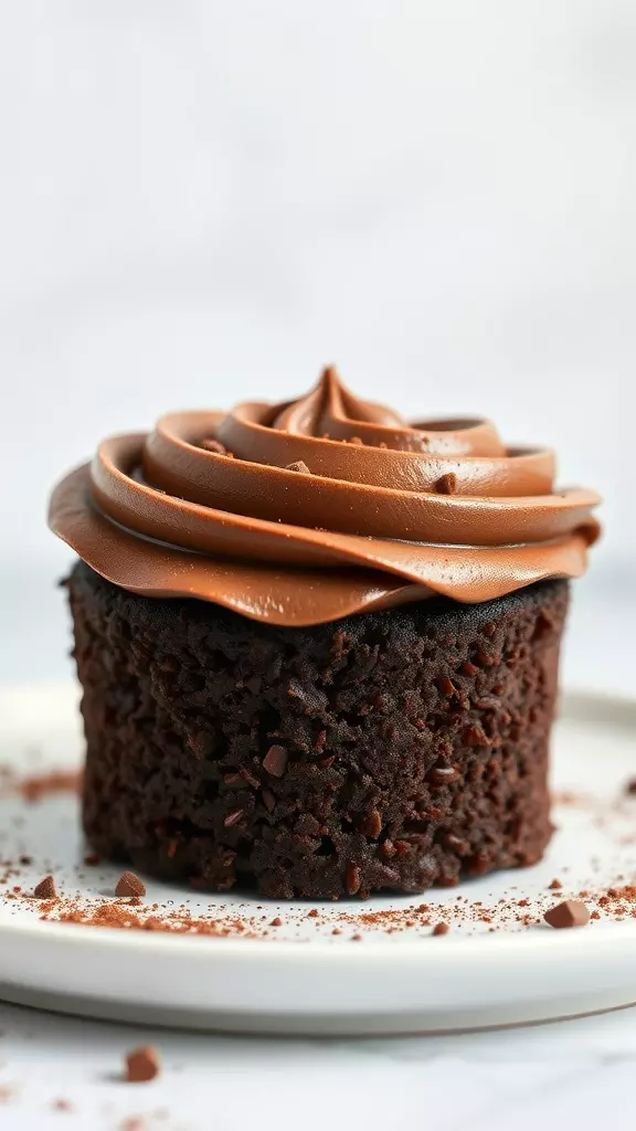 A close-up of a chocolate cupcake topped with rich chocolate frosting.