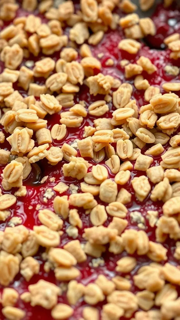 Close-up of a strawberry crisp with a crunchy oat topping