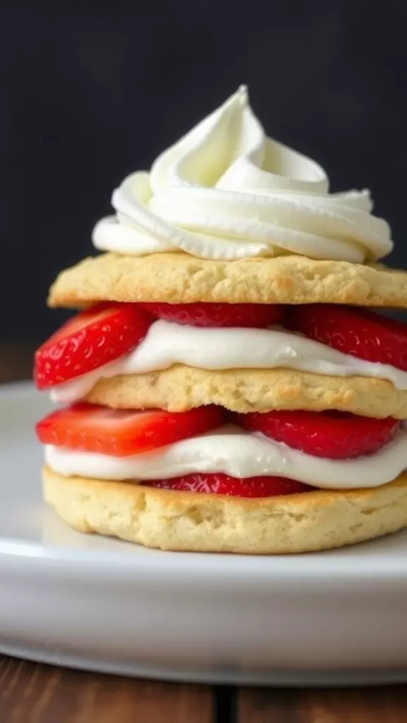 A delicious gluten-free strawberry shortcake with layers of strawberries and whipped cream.