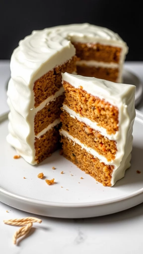 A sliced gluten-free vegan carrot cake on a cake stand with a white plate and fork beside it.