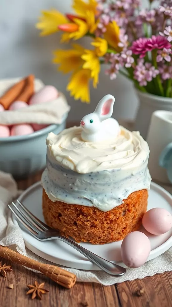 A gluten-free vegan carrot cake topped with frosting and a bunny decoration, surrounded by Easter eggs and flowers.