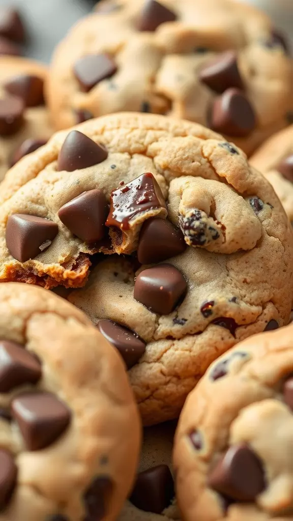 Close-up of gluten-free vegan chocolate chip cookies with chocolate chunks