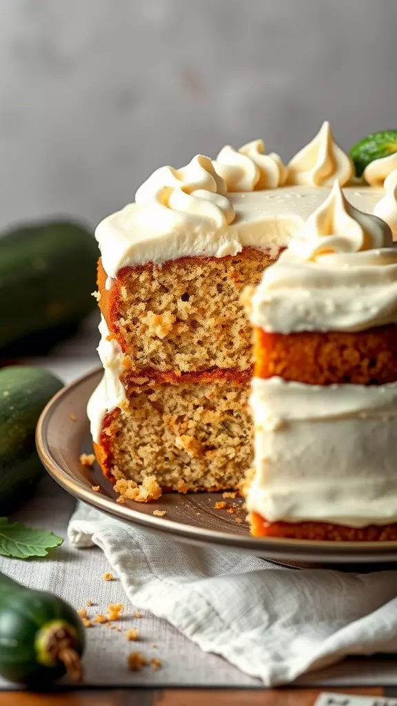 A slice of gluten-free zucchini cake with cream frosting on a plate.