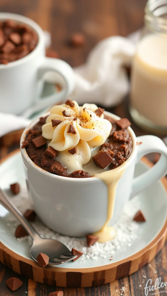 A delicious chocolate mug cake topped with whipped cream and chocolate shavings.