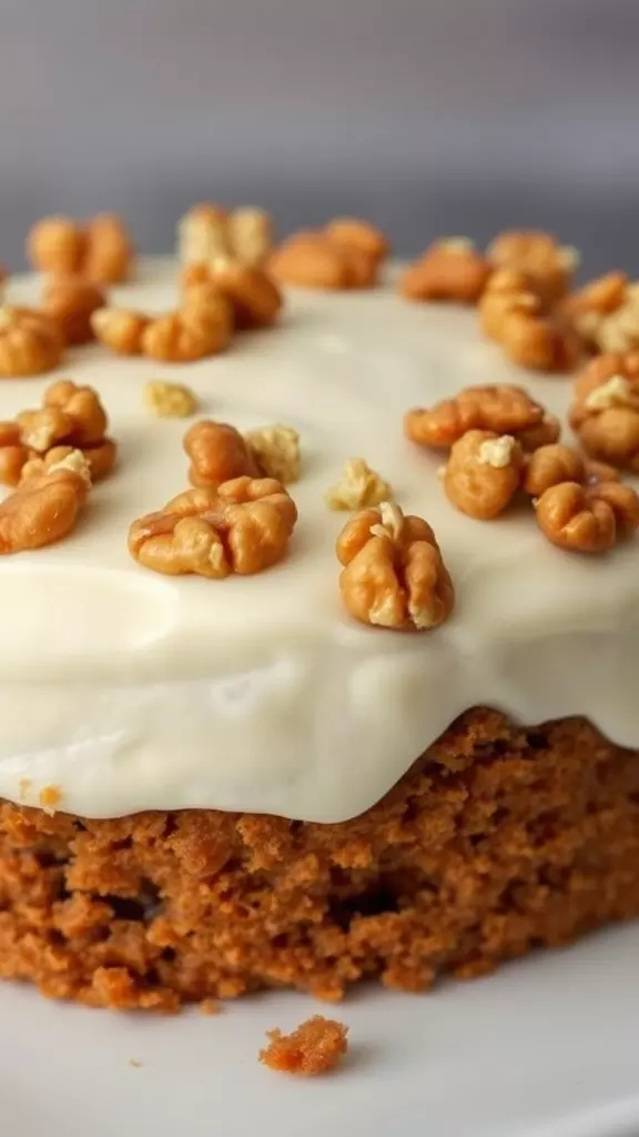 A close-up of a carrot cake topped with cream frosting and caramelized nuts.