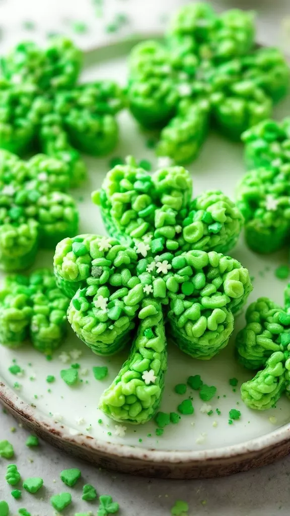 A plate of green Rice Krispie treats shaped like shamrocks for St. Patrick's Day.