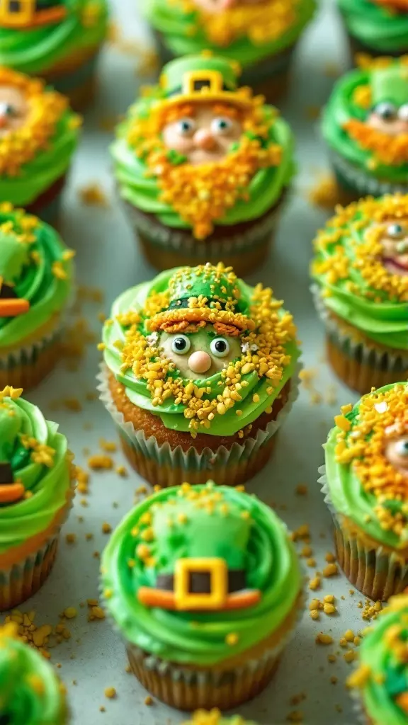 Green Velvet Cupcakes decorated with festive designs for St. Patrick's Day.