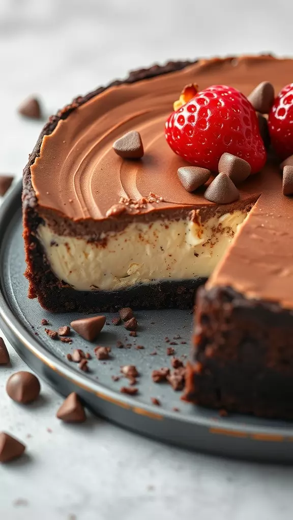 A slice of Healthy Brownie Cheesecake topped with strawberries and chocolate chips.