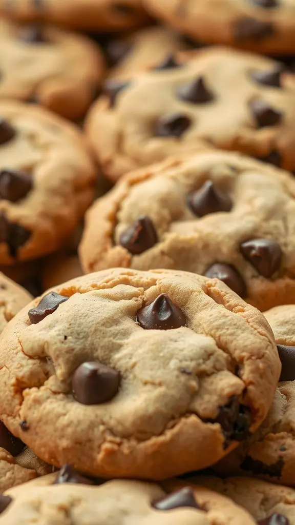 Freshly baked healthy chocolate chip cookies with chocolate chips on top.