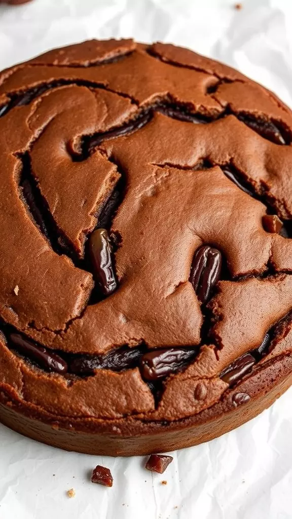 A close-up of a healthy gluten-free date cake with visible dates on top.