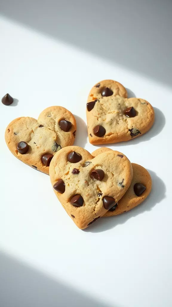 Heart-shaped chocolate chip cookies on a white surface