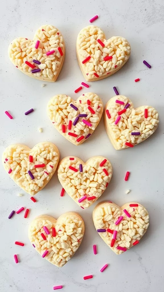 Heart-shaped Rice Krispie treats decorated with colorful sprinkles.