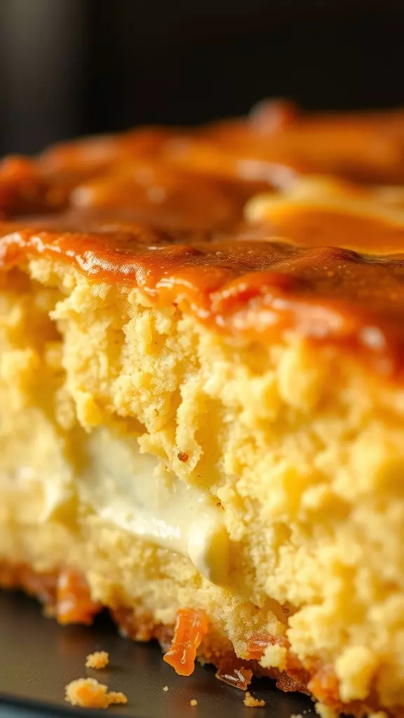 Close-up of a slice of ooey gooey chess cake showing its creamy texture.