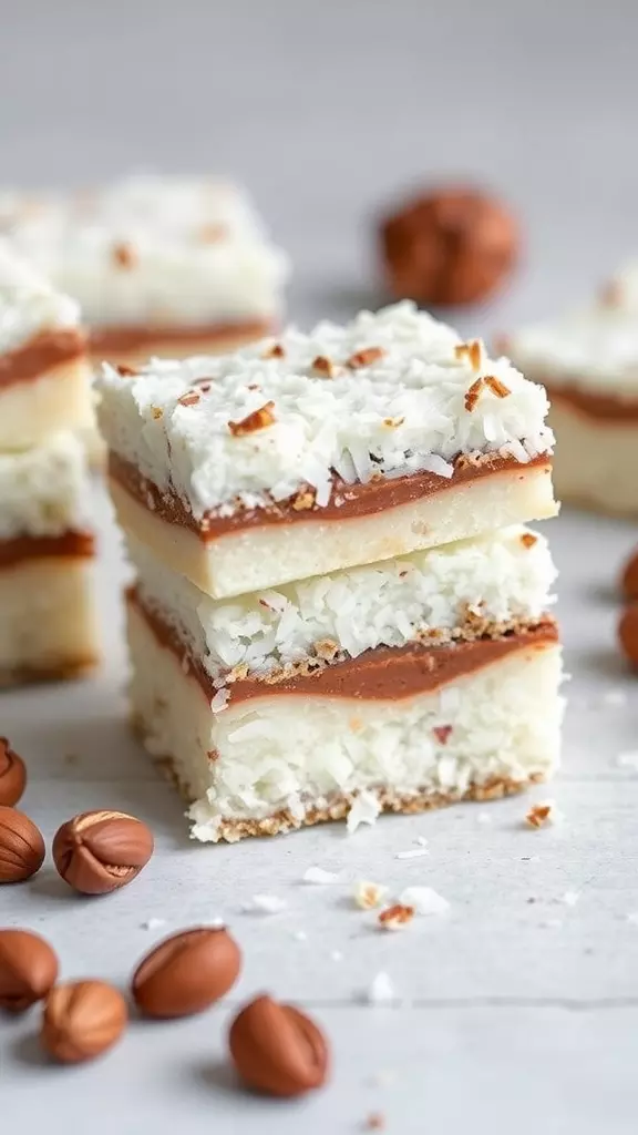 Homemade Chocolate Hazelnut Coconut Bars stacked with cocoa and hazelnuts around them.