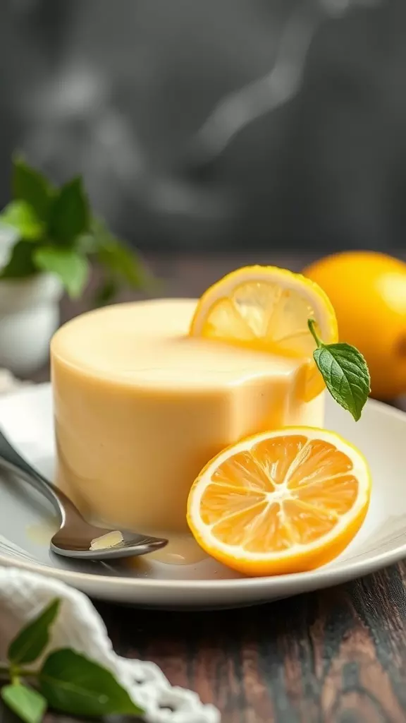 A creamy lemon pudding topped with a lemon slice and mint leaves, served on a white plate.