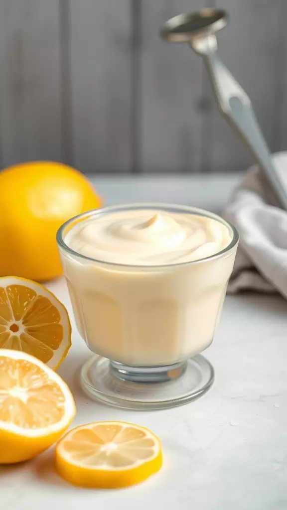 A bowl of homemade lemon pudding with fresh lemons on the side.