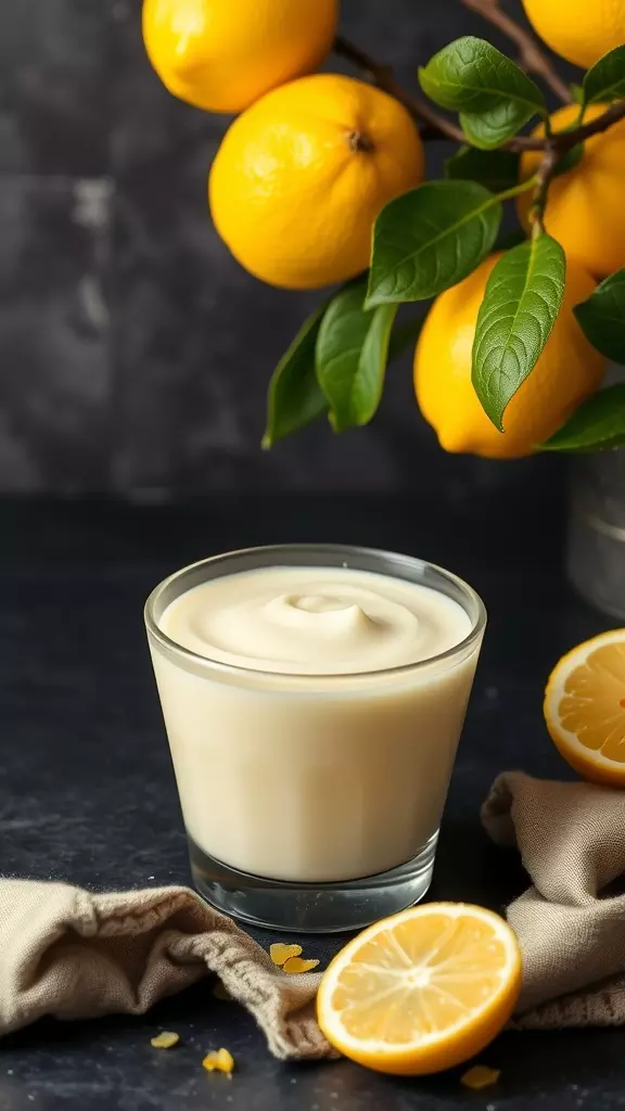 A glass of creamy lemon pudding surrounded by fresh lemons.