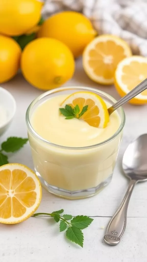 A bowl of homemade lemon pudding garnished with a lemon slice and mint, surrounded by fresh lemons.