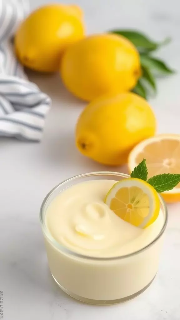 A bowl of creamy homemade lemon pudding garnished with a lemon slice and fresh mint, with whole lemons in the background.