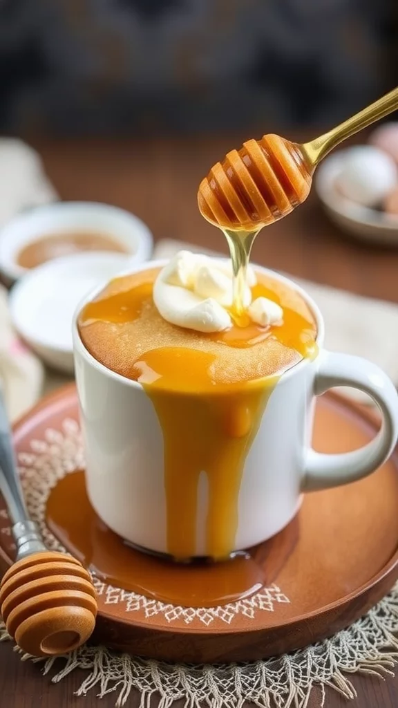 A delicious honey mug cake topped with honey and powdered sugar.