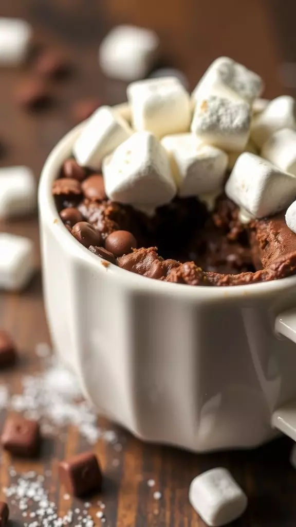 A close-up of a hot chocolate mug cake topped with marshmallows and chocolate chips.