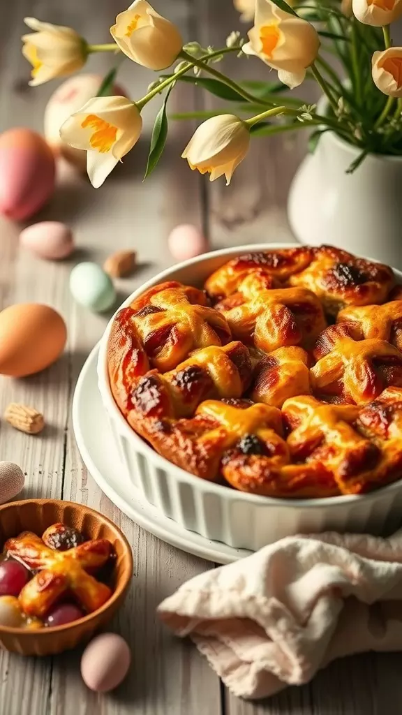 A delicious Hot Cross Bun Bread and Butter Pudding surrounded by colorful Easter eggs and flowers.