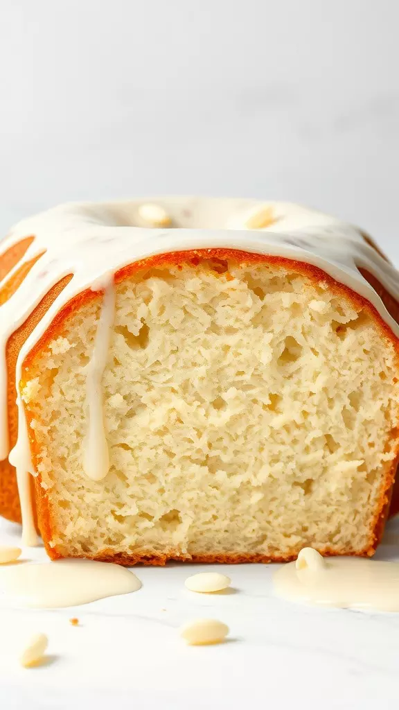 A close-up of a slice of iced vanilla bean pound cake with a creamy glaze.