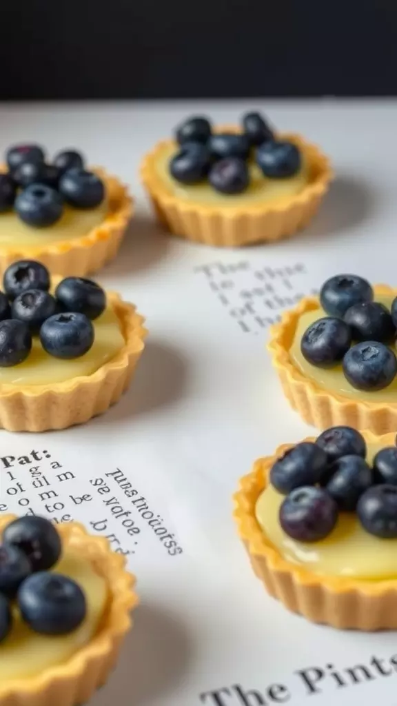 Individual blueberry lemon pies on a surface with text.