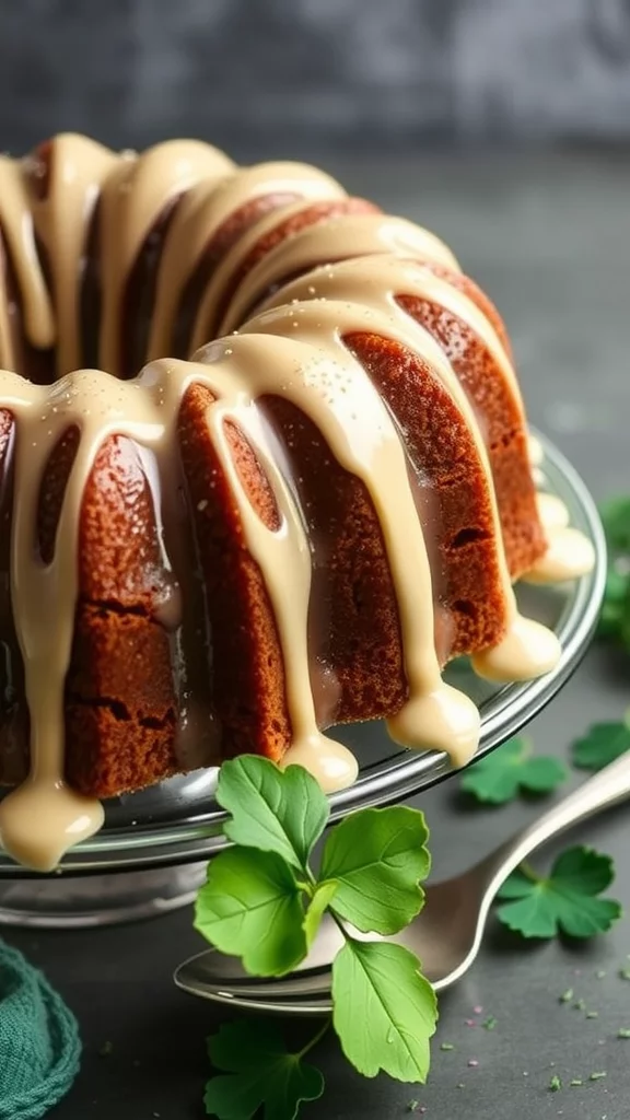 A delicious Irish Cream Bundt Cake with a rich glaze and decorative toppings.