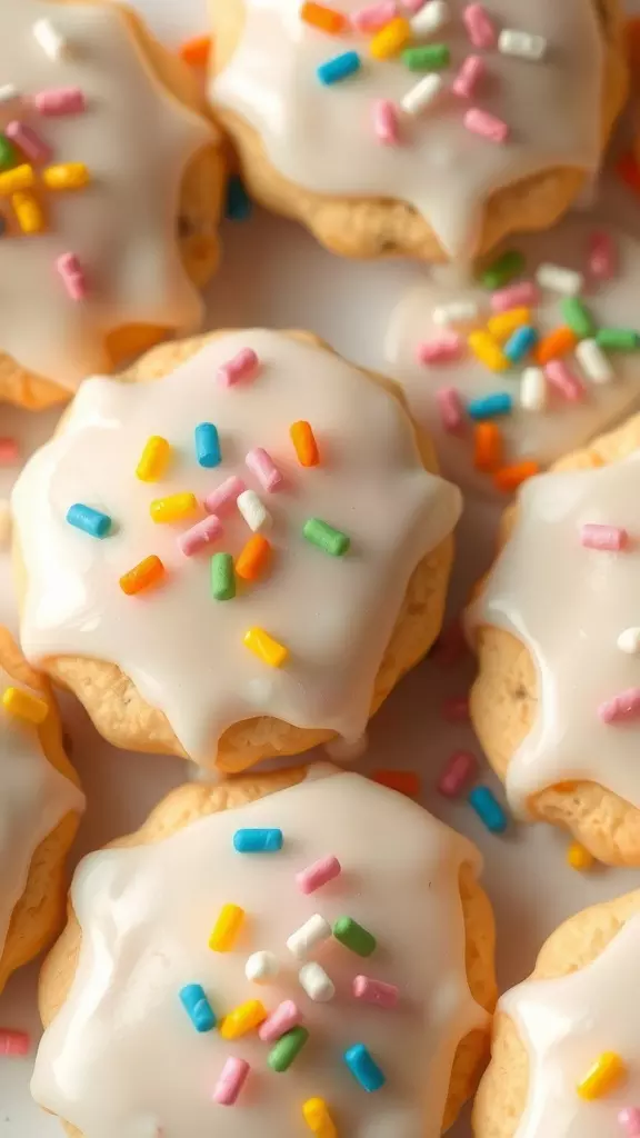 A close-up of colorful Italian Easter cookies with icing and sprinkles.