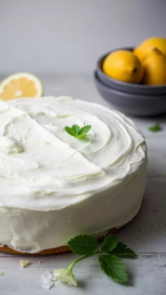 Italian Lemon and Ricotta Cake topped with creamy frosting and garnished with a mint leaf