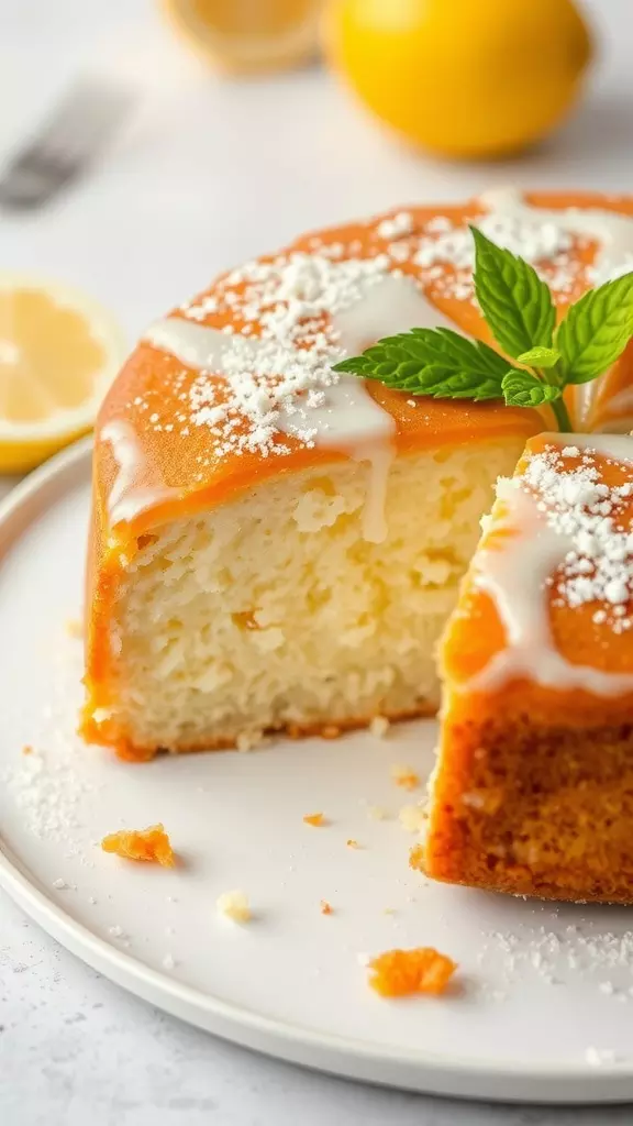 Italian Lemon and Ricotta Cake with mint garnish and powdered sugar