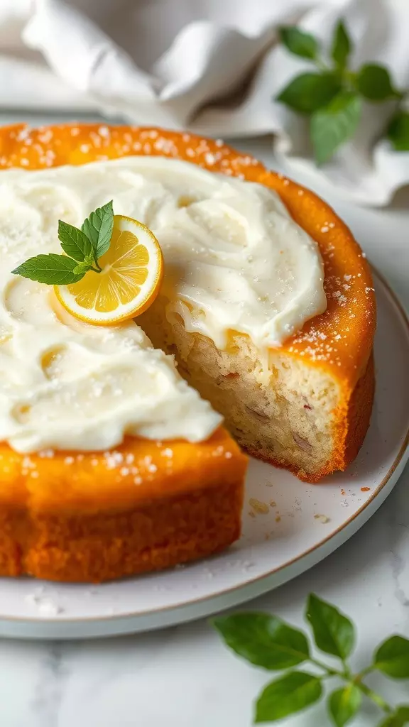 Italian lemon and ricotta cake with a slice cut out, garnished with lemon and mint.