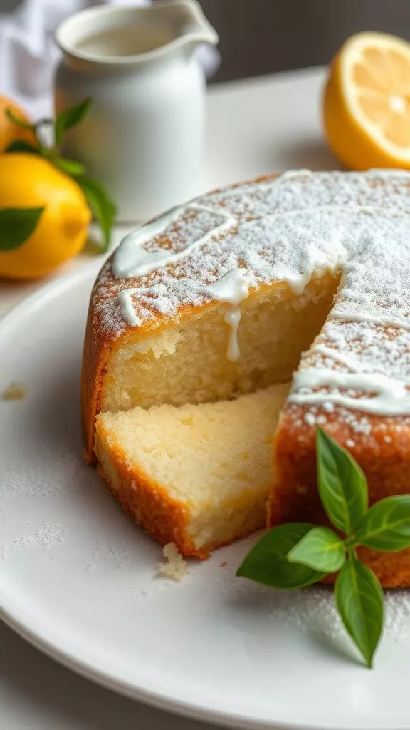 Italian Lemon and Ricotta Cake with a slice removed, garnished with powdered sugar and fresh leaves.