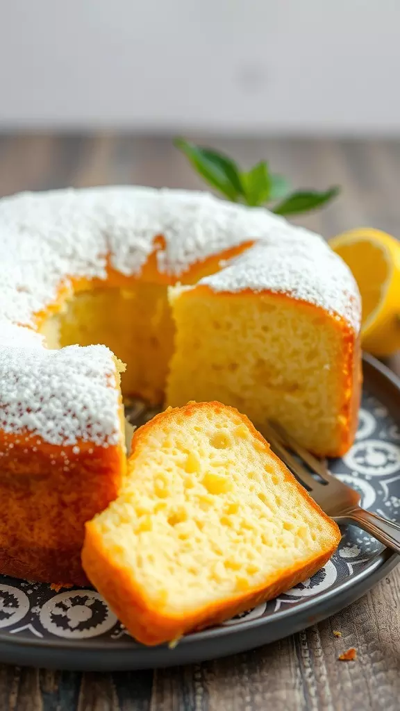 A slice of Italian Lemon and Ricotta Cake on a plate with a fork.