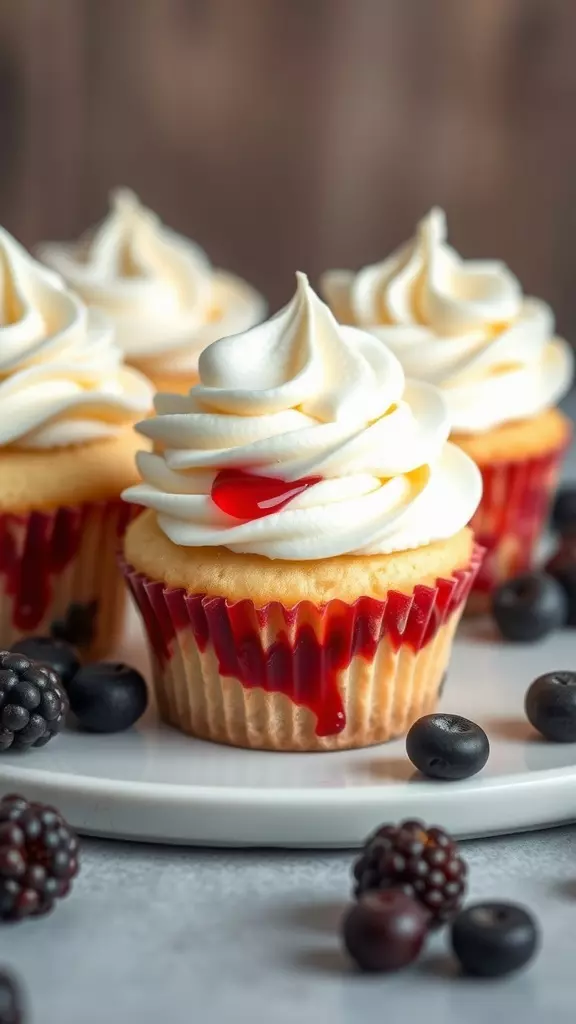 Close-up of jam-filled cupcakes topped with swirls of frosting and drizzled jam.