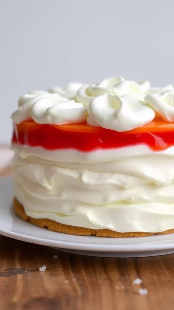 A close-up of a layered Jello Pudding Cake with whipped cream and jello topping.