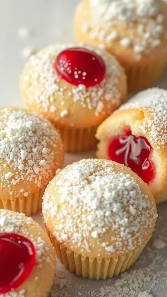 A close-up of jelly donut cupcakes with powdered sugar and cherry jelly filling.