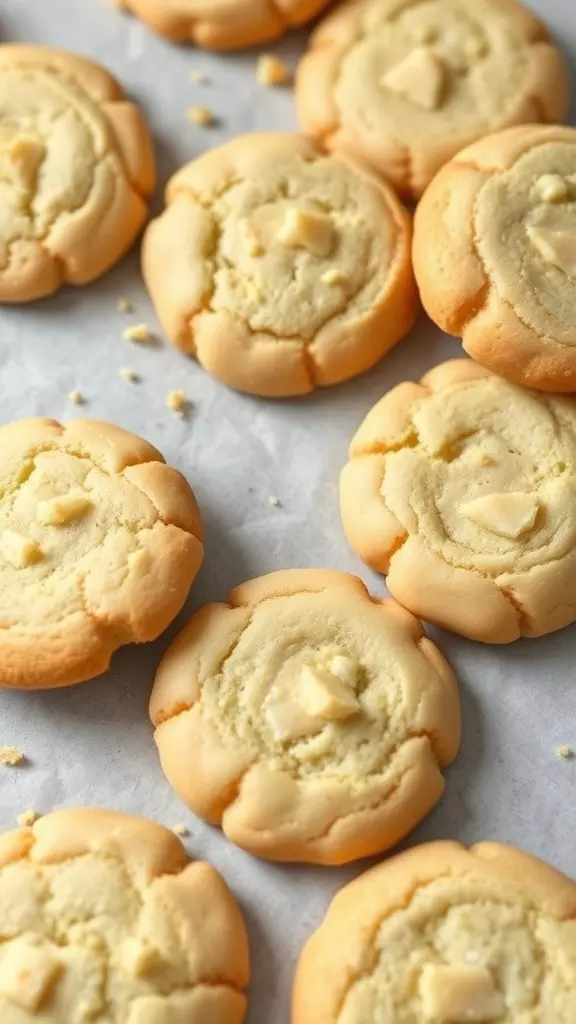 A close-up of freshly baked keto butter cookies arranged on parchment paper.