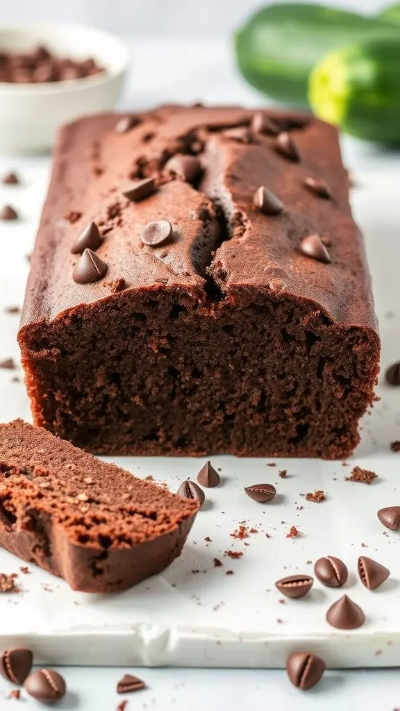 A loaf of chocolate zucchini bread with chocolate chips on top, with a slice cut out.