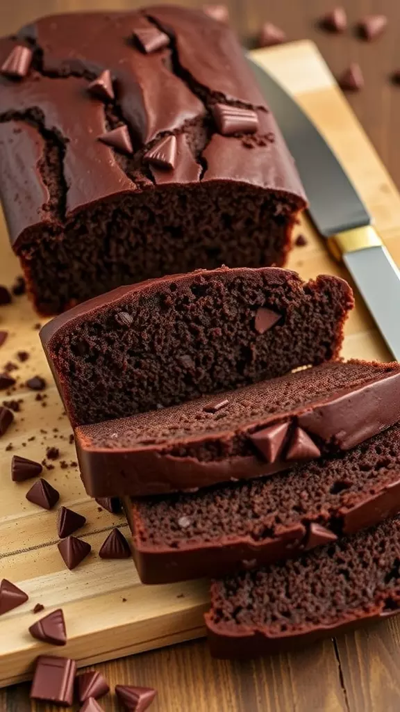 Loaf of Keto Chocolate Zucchini Bread sliced on a wooden cutting board, surrounded by chocolate chips.