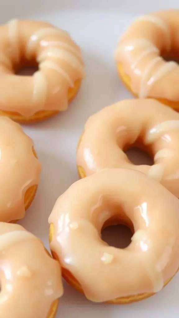 Close-up of glazed doughnuts with a light pink glaze