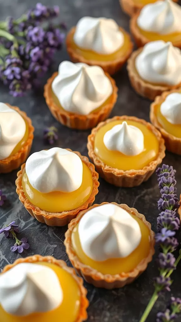 Lavender lemon meringue tarts arranged on a dark surface with lavender sprigs.