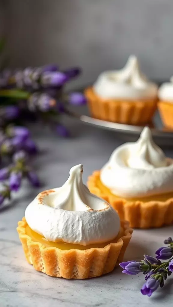 Lavender lemon meringue tarts on a marble surface with purple flowers